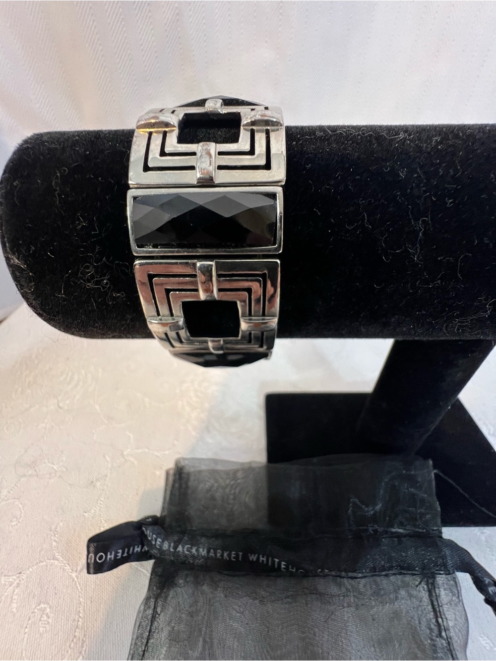 White House Black Market Art Deco Bracelet Silver Tone Black Stones Stretch Cuff
